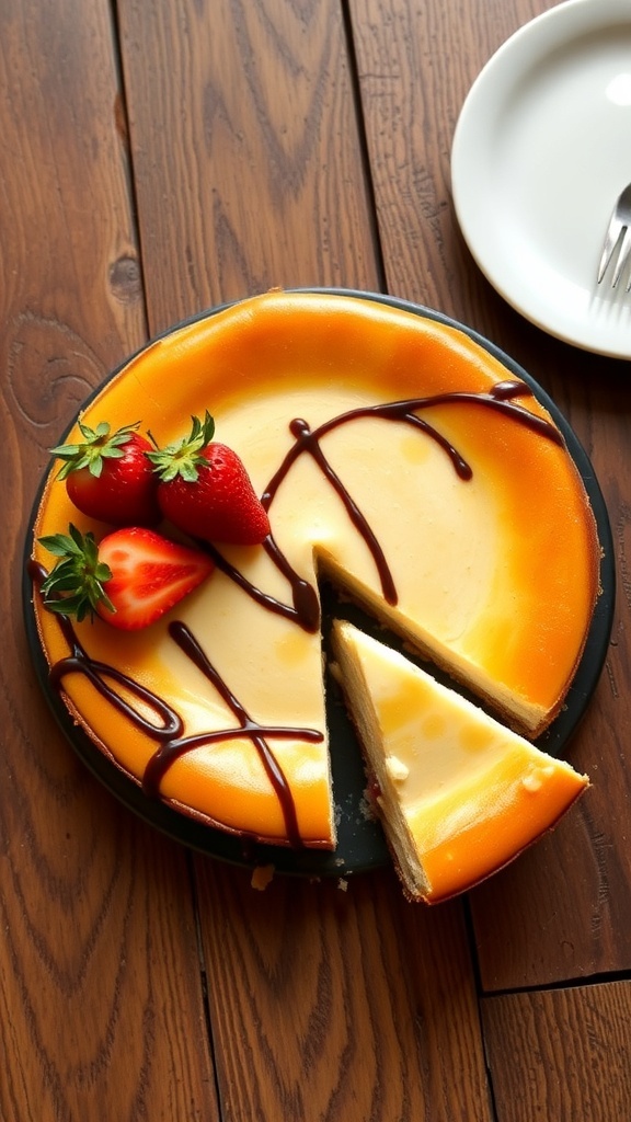 A 6-inch baked cheesecake topped with strawberries and chocolate sauce, with a slice cut out on a wooden table.